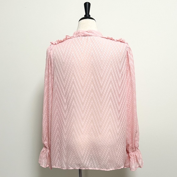 Shein Pink Sheer Chevron Faux Pearl Puff Flounce Sleeve Pussycat Bow Blouse 2XL - Picture 7 of 10
